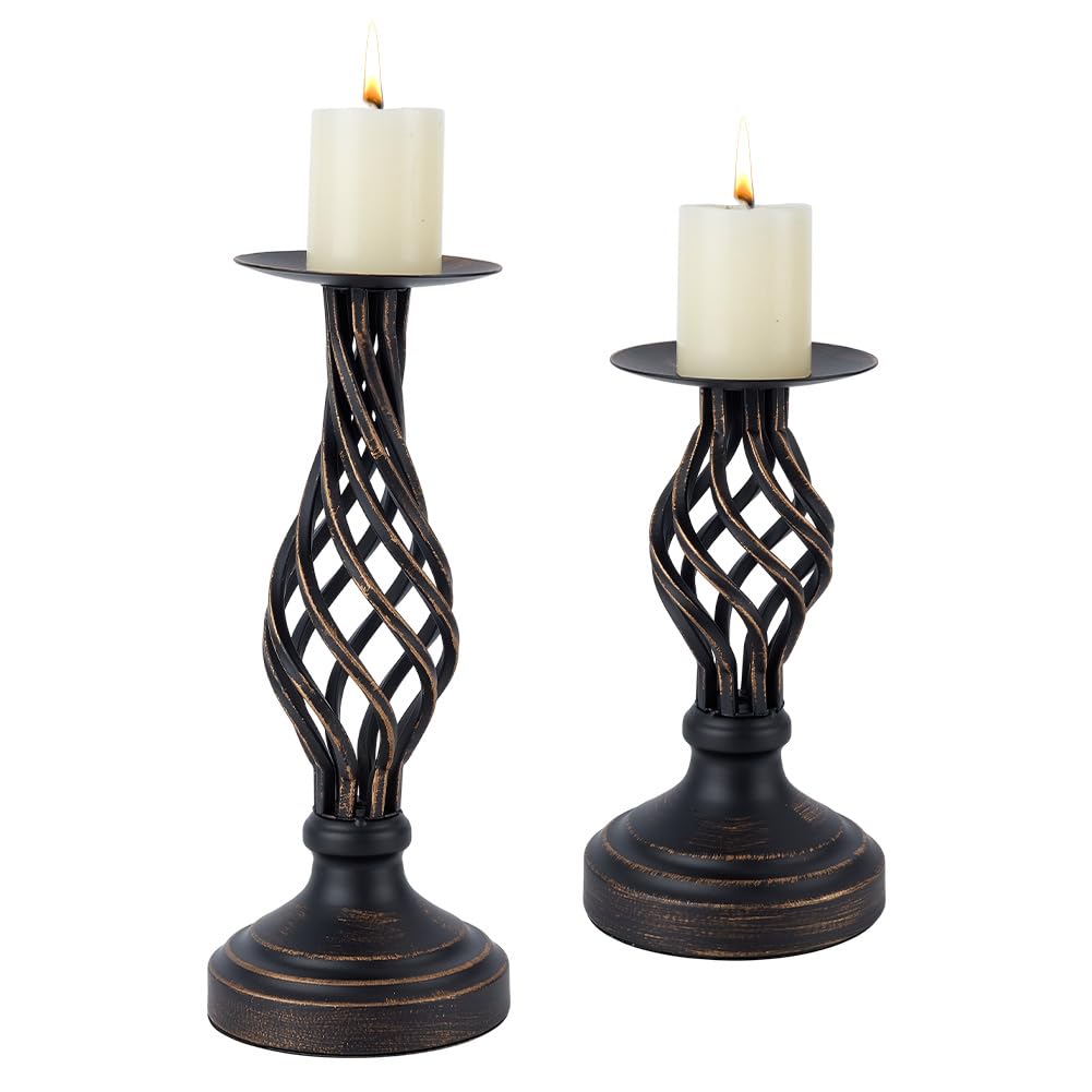 ACRNIGHEET Vintage Black Candlesticks Holders Set of 2, Metal Pillar Candle Holders with Non-Slip Base, Antique Decor 8.3", 11.2" High for Wedding, Party, Dinning, Home Decor
