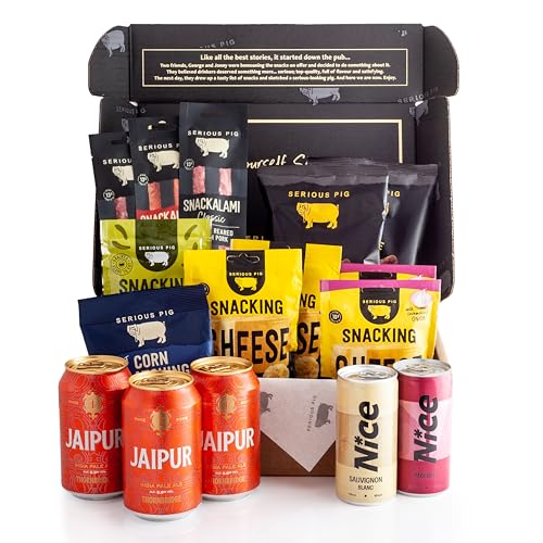 Serious Pig | Pub In The Post | With Craft Beer Wine Crunchy Baked Italian Cheese Salami Pickled Gherkins & More | Gift Hamper (16 Packs)