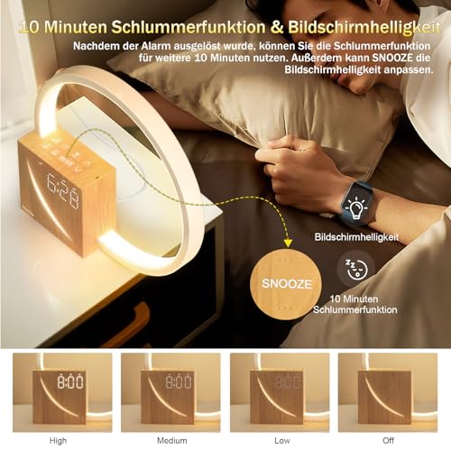 Holz-Wecker Blonbar 10W Nachttischlampe mit USB-Ladefunktion und Wecklicht