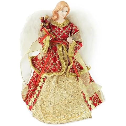 ARCCI 16 inch Christmas Angel Tree Topper, Red Angel Treetopper with White Feather Wing, Xmas Flying Angel Tree Top Figurine Decorations, Fairy Goddess Holidays Indoor Home Ornaments Decor Cover