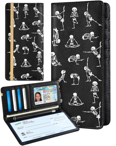 Image of Slohif Checkbook Cover for Personal Duplicate Checks - Leather Check Book Wallet Holder for Women Funny Fun Skeleton Print Top Stub