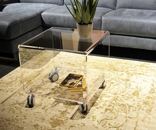 Tavolino Moderno In Vetro Trasparente 40x40x40 Cm – Struttura In Acciaio E Legno Multistrato, Elegante E Facile Da Pulire