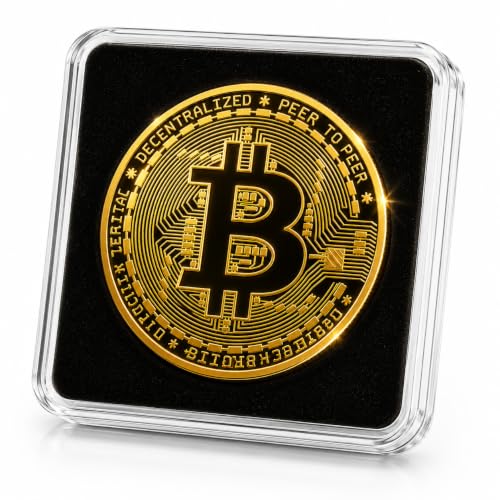 PfX Krypto Bitcoin Münze [mit 24-Karat Echt-Gold überzogen] inklusive edlem Plexiglas Münz-Etui