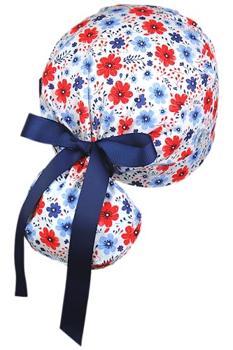Image of Scrub Cap for Women and Men, Ponytail Scrub Caps, Working Hat, Head Cover with Ribbon Ties and Buttons, Long Hair