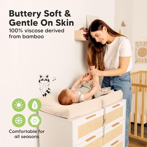 Image of 2-Pack Baby Changing Pad Cover for Girl, Boy, 34x18 (Cameo) | Soft Viscose Derived from Bamboo Baby Diaper Changing Table Pad Cover Sheets, Neutral, Snug Fit Nursery Diaper Change Sheets