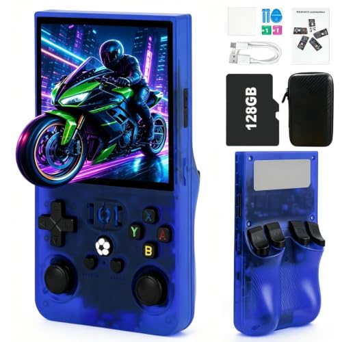 Image of R36MAX Video Game Console - 4.0-Inch Screen, Support 22000+Classic Games,128G TF Card,Portable Console with Open Source System,4000mAh Battery,Birthday Gift for Adult or Partner (Blue)