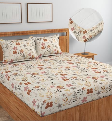 Image of NEW LEAF Cotton Fitted King Bedsheets with 2 Pillow Covers | Elastic Fitted | Wrinklefree | Ultrasoft |Winter Bedsheet 200 to 220 tc Floral | 78x72+8 Inches, Floral Almonds Beige