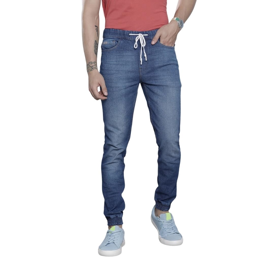 The Indian Garage Co Men Slim Fit Solid Mid-Rise Stretchable Denim Joggers