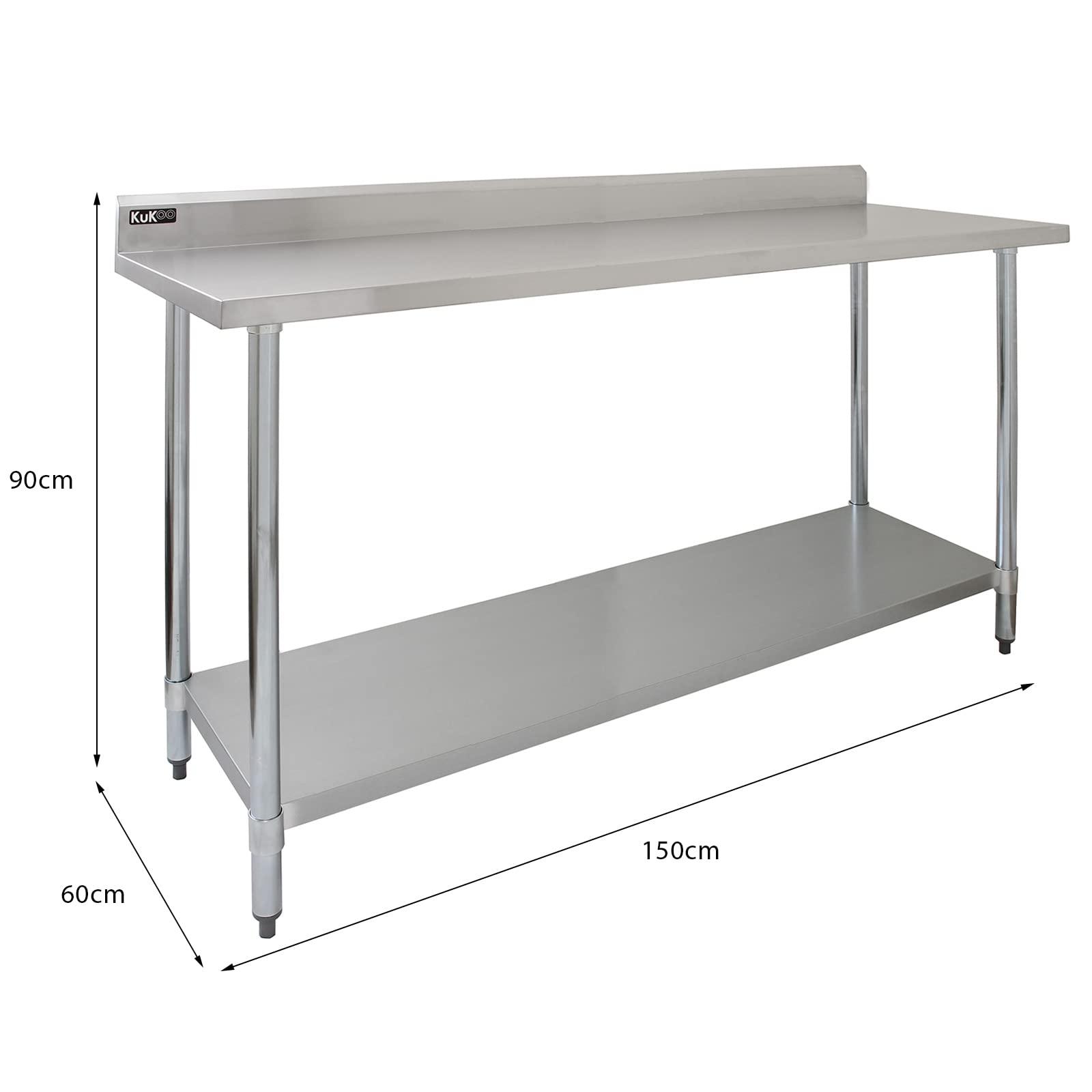 Kit de Mesa de Trabajo 150cm para Gastronomía y Estante de Sobremesa Doble Acero Inoxidable Preparación de Alimentos Cocina Bar Restaurante Capacidad 450kg con 2 Paños Microfibra y Kit Fijación GRATIS