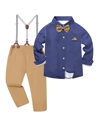 Image of DISAUR Boys Dress Clothes Wedding Ring Bearer Outfit Boy Formal Suits Dress Shirt with Bow Tie +Suspender Pants Set