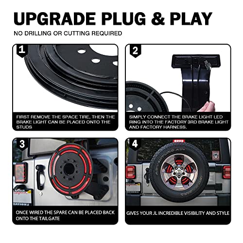 Image of 14 Inch LED Spare Tire Brake Light Compatible with 2018+ Jeep Wrangler JL | Double Ring, Super Bright, ABS Plastic Frame, IP67 Waterproof, Plug N Play
