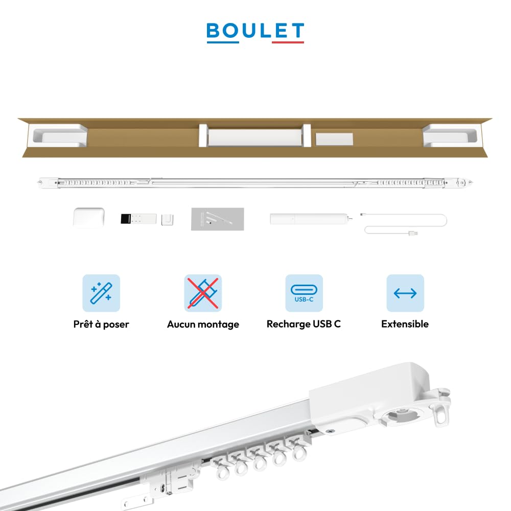Boulet Rail Rideau motorisé Batterie Rechargeable Extensible 230-400cm – Télécommande – sans Fil – 20kg – Aluminium