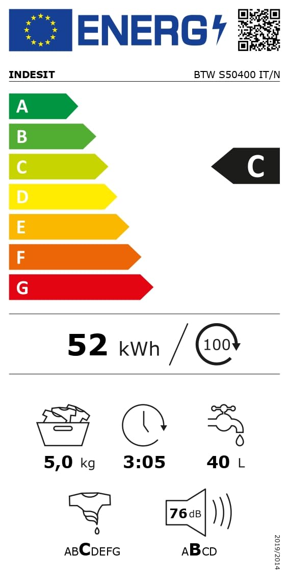 Indesit BTW S50400 IT/N, Lavatrice carica dall’alto 5 kg Libera Installazione, Centrifuga 1000 Giri Al Minuto, Larghezza 40 cm, Profondità 60 cm, Altezza 90 cm, Classe Energetica C
