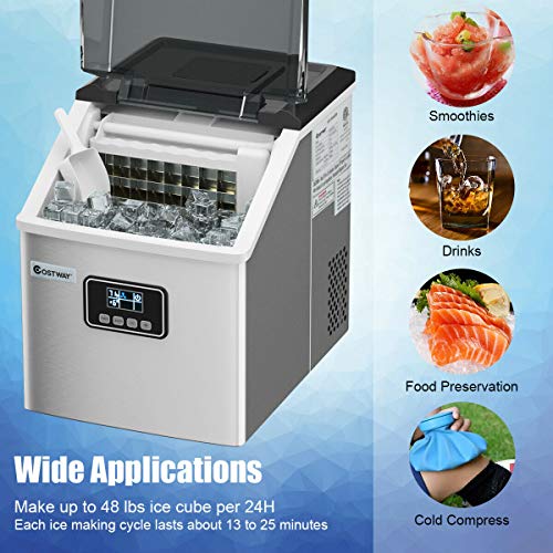 Costway Ice Maker Countertop, 48Lbs/24H Automatic Ice Stainless Steel Machine With Self-Cleaning Function, Easy-To-Control Lcd Display, Timer Function, See-Through Window With Ice Scoop And Basket #TOP1