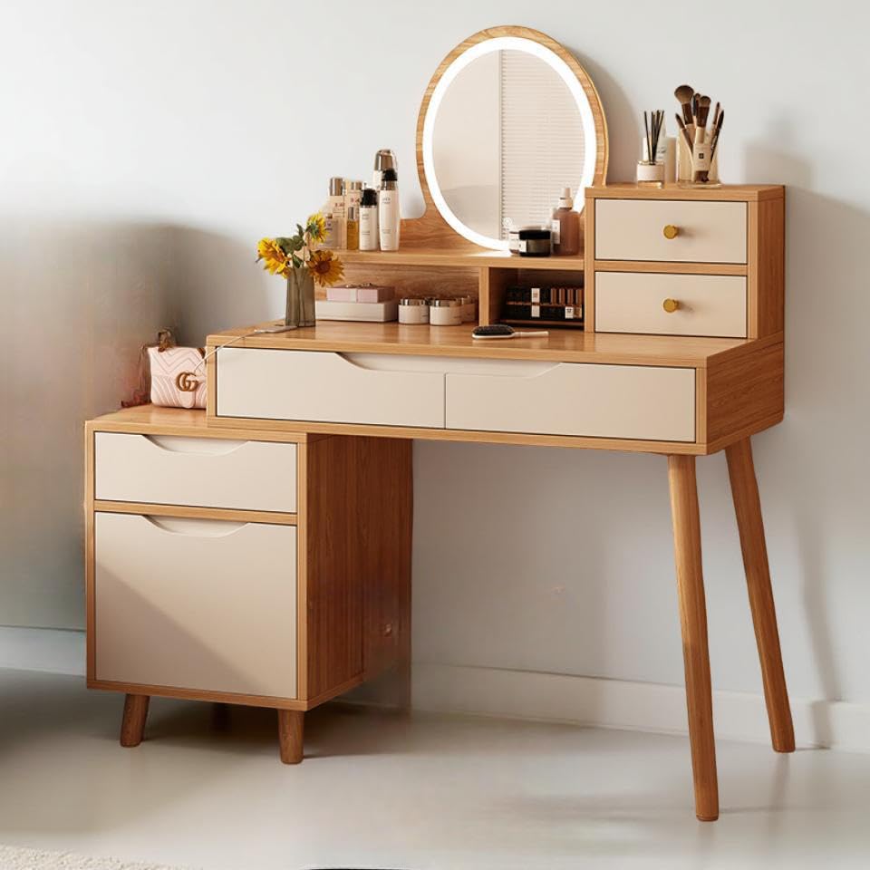 JANNAH Modern Vanity Dressing Table with LED Mirror Multiple Drawers Storage Shelves & Adjustable Design Makeup Desk for Bedroom (WOOD/80CM)