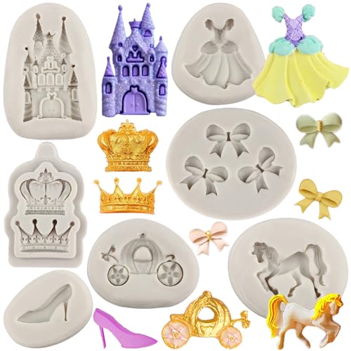 MYPRACS Molde de Cenicienta para fondant, castillo de cuento de hadas, calabaza, carruaje, vestido de princesa, zapatos de cristal, corona de lazo, molde de silicona para decoración de pasteles de