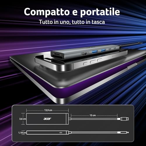 Acer Hub USB-C 10 Gbps 8 in1, Adattatore USB-C a HDMI 4K@60Hz, 2*USBC 3.2, 2*USB-A 3.0, splitter multiporta Type-C con PD 100W e lettore di schede SD/TF, per laptop, PC, iPad Pro - Hub USB - Immagine 8