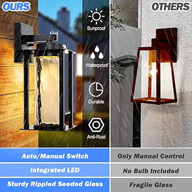 LED Dusk to Dawn Outdoor Light Fixtures - 2 Packs Modern Porch Lighting with Attractive Glass, 13W 3000K LED Exterior Sconce Wall Mount with Photocell Sensor for House Front Garage Door, Waterproof