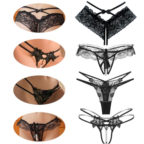 VicSec Lot de 4 strings ouverts pour femme - Taille basse - Dentelle - Sous-vêtements sexy - String ouvert - String en V - Lingerie sexy - Noir