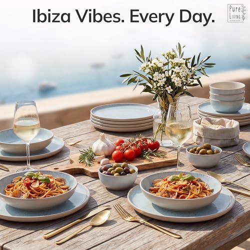 Image of 12 Piece Stoneware Dinnerware Set for 4 - Handmade Reactive Glaze Plates and Bowls Set - Chip & Scratch Resistant Dish Set - Dishwasher Microwave Safe - Light Beige & Blue