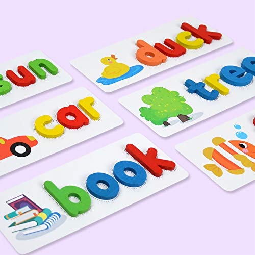 ABC Alphabet Puzzles for Kids 3-5 Years Old - Words Spelling Sorting& Stacking Toys for Preschool Toddlers - Vocabulary Learning Sight Words for Early Education (52 Letter Blocks + 28 Flashcards)