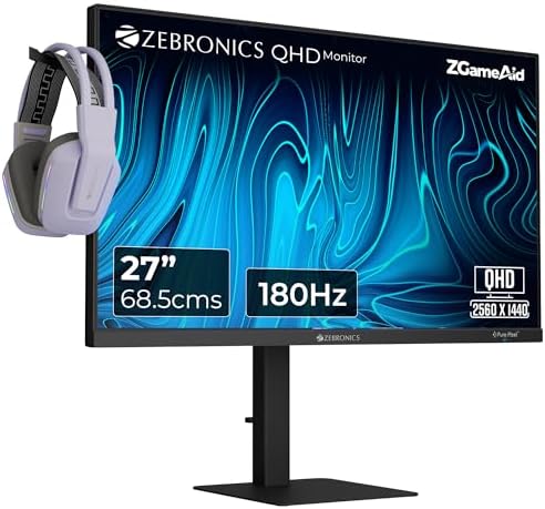 Zebronics 27" QHD Bezel-Less Gaming Monitor, 180Hz Refresh Rate, 1ms MPRT, Fast IPS, 300 Nits, 100% sRGB, 1.07B Colors, Height, Pivot, Tilt, Swivel Adjustment, 2 x HDMI & DP, Reading Lamp (S27A)