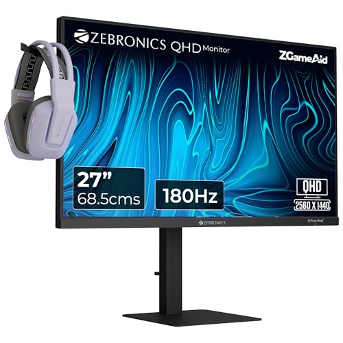 Image of Zebronics 27 inch QHD Bezel-Less Gaming Monitor, 180Hz Refresh Rate, 1ms MPRT, Fast IPS, 300 Nits, 100% sRGB, 1.07B Colors, Height, Pivot, Tilt, Swivel Adjustment, 2 x HDMI & DP, Reading Lamp (S27A)