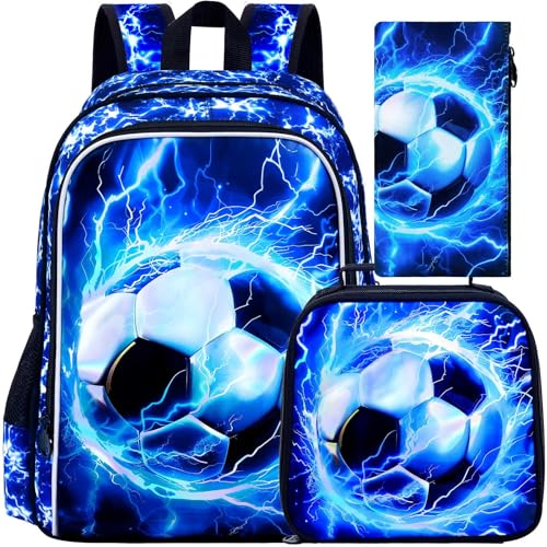 UFNDC 3PCS Boys Soccer Backpack, Kids Lightning Bookbag with Lunch Box, 17