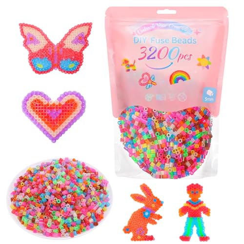 VynyQoo Cuentas Para Planchar con Brillantina, 3200 piezas, 11 Colores, Fuse Beads Midi 5 mm, Adecuadas Para Niños Mayores de 6 años DIY Perlas Fusibles, Regalos de Arte para Cumpleaños y Año Nuevo