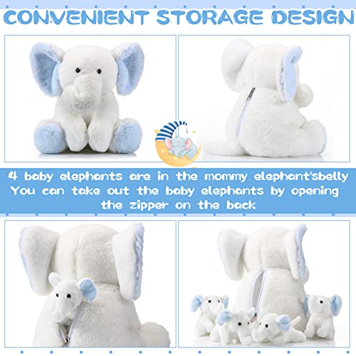 5 Pcs Plush Elephant Stuffed Animals With Babies, Mommy Elephant With 4 Plush Baby Soft Plush Elephants Animals Playset For Party Supplies, Favors, Decorations, Stocking Stuffers (White And Blue) #TOP3