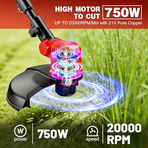 Image of 6000mAh Cordless Electric Weed Wacker, 12 inch Brushless Cordless String Trimmer, 4 in 1 Weed Eater /Brush Cutter /Weed Trimmer with 2*Batteries Powered & Auxiliary Wheels, Grass Trimmer (Red A)