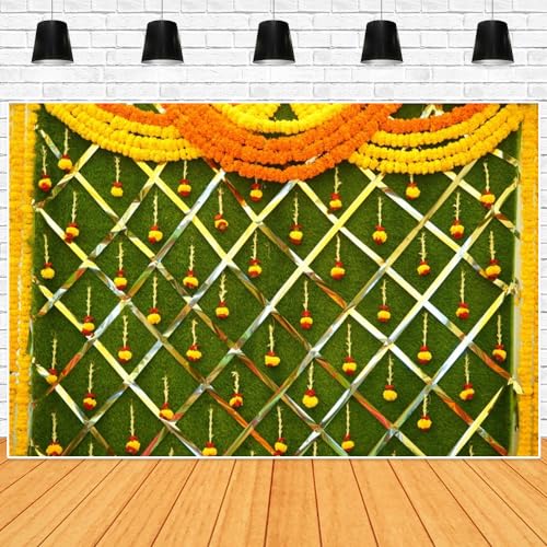 Image of India Diwali Backdrop Puja Hindu Mehndi Festival Background Ganpati Pooja Backdrop India for Bridal Shower Wedding Party Marigold Garlands Photo Props 7X5FT