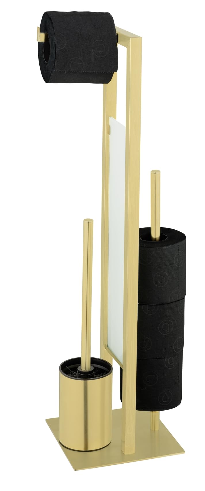 Stand Rivalta Gold - Escobillero de inodoro de pie 3 en 1 para papel higiénico, ruedas de repuesto y escobilla de inodoro, acero inoxidable, 18 x 70 x 23 cm, color dorado