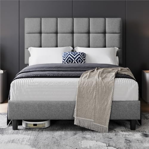 Yaheetech Lit Double Rembourré 140x200cm, avec Tête de Lit Réglable en Hauteur, Cadre de Lits Capitonné avec Sommier à Lattes, Lits pour Adultes 2 Personnes, Pied en Métal, Gris Clair