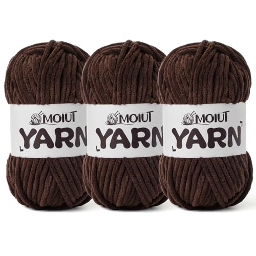 Image of 3 Pack Fluffy Chenille Yarn for Crocheting, Chunky Velvet Yarns for Crochet Amigurumi, Baby Yarn for Crocheting Soft Blanket, 262.4yds /10.5 oz Bulky Yarns for Crafts /Hats /Shoes /Socks (3 Coffee)