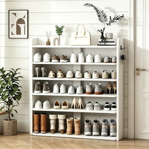 HE SHOEVA 5 Tier Shoe Rack, Wooden Shoe Storage Cabinet, Large Capacity Tall Shoe Shelf Free Standing Shoe Rack Organizer for Closet Entryway Garage Bedroom, White
