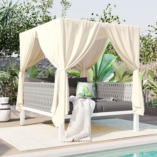 Merax Outdoor Patio Daybed with Soft Cushions and Curtains, Double Chaise Lounge Sunbed with Rubber Core Rope Backrest and Comfy Pillows for Outside Pool, Garden, Backyard, Lawn, Gray+Beige