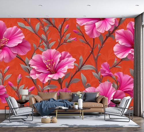 Papier peint panoramique intissé haut de gamme effet 3D fleurs d'hibiscus