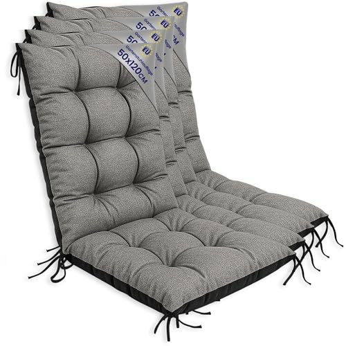 Gartenstuhl Hochlehner Auflagen Set: 4x 50x120 cm - Sitzauflagen Gartenmöbel Gartenstuhlauflagen Polster Auflage für Gartenstühle Sitzpolster Outdoor Stuhlauflagen Sitzkissen Grau Öko-Leinen