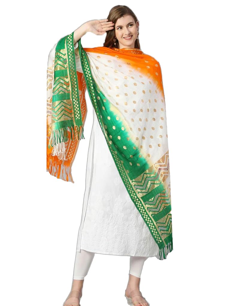 KeyoceanWomen's/Girls Art Silk Cotton Tricolor Tiranga Dupatta/Chunni (2.25 Meter)