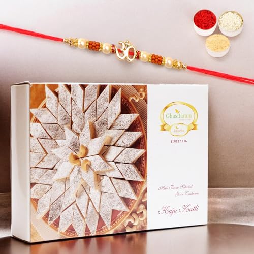 Ghasitaram Gifts Rakhi Gifts for Brother Rakhi Sweets - Ghasitarams Pure Kaju Katlis Box 200 GMS with Om Rakhi