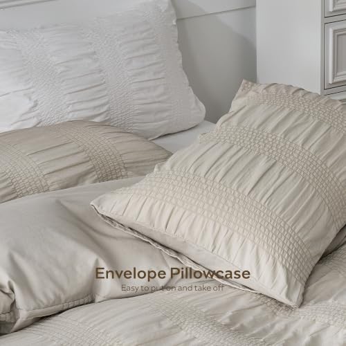 Image of JELLYMONI Seersucker Duvet Cover Set King, 3pcs Oatmeal-Wide Polyester | In Spacious Master, Couples & Pets, Crinkled Texture, Oeko-Tex Certified, 8 Corner Ties & Hidden Zipper