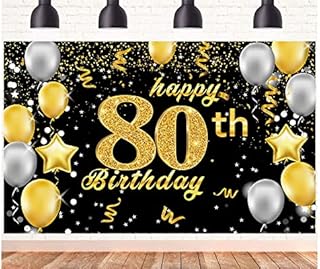 Happy 80th Birthday Banner,80th Birthday Decorations Black Gold,Party Backdrop Banner Fabric Banner for Men Women 80th Birthday Photo Backdrop,Photography Background,Outdoor Garden Table Wall Decor