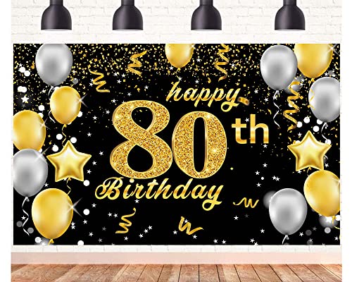 Happy 80th Birthday Banner,80th Birthday Decorations Black Gold,Party Backdrop Banner Fabric Banner for Men Women 80th Birthday Photo Backdrop,Photography Background,Outdoor Garden Table Wall Decor