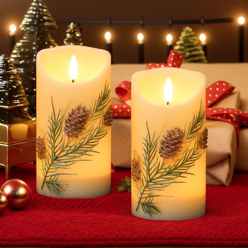 Image of Wondise Flameless Candles with Timer, Battery Operated Flickering 3D Wick Real Wax Pine Cone Candles for Christmas Holiday Indoor Decoration, Set of 2, Ivory(D3 x H5.7 Inch)