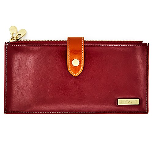 Andoilt Womens Genuine Leather Wallet Rfid Blocking Credit Card Holder Zipper Purse Cell Phone Handbag Red & Brown #TOP3