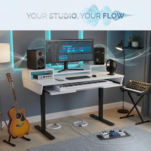 Image of TEKAVO Kreate Studio Table Height Adjustable Music Production | Monitor Riser + Long Keyboard Tray | Desk for Editing Studio, Gaming, Workstation | White, Metal | 153L x 76.5 W x 70 to 120H CM | DIY