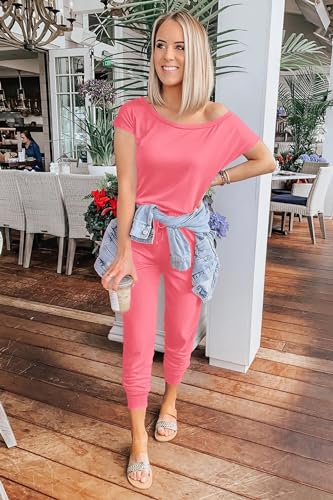 Image of PRETTYGARDEN Jumpsuits for Women Summer Off Shoulder Romper | Short Sleeve Drawstring Waist, Jogger Jumpers with Pockets, One Piece Spring Break Outfits, Vacation Travel Lounge Clothes