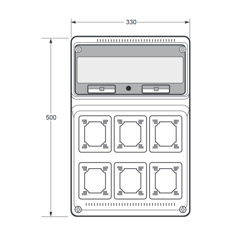 Pusty pojemnik z kołnierzem IP65 - 506 x 330 x 150 mm 16 modułów DIN 6 gniazd - uniwersalny kołnierz wpuszczany - regulowany pręt DIN - odporny na ciepło ABS - przemysł budowlany na zewnątrz