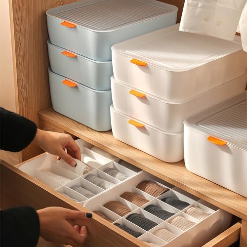 下着収納ボックス 仕切り付き 蓋付き プラスチック 靴下収納ボックス 下着収納ケース 収納便利 小分け収納ケース ネクタイ、パンツ、下着、靴下、ハンカチなど小物収納 防虫 防塵 防湿 (ブルー, (1+10+15)仕切り)